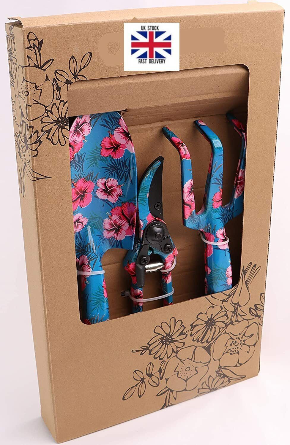 Garden Tool Set 4 Pcs with Multi Color ~Floral Print Comfortable Handle