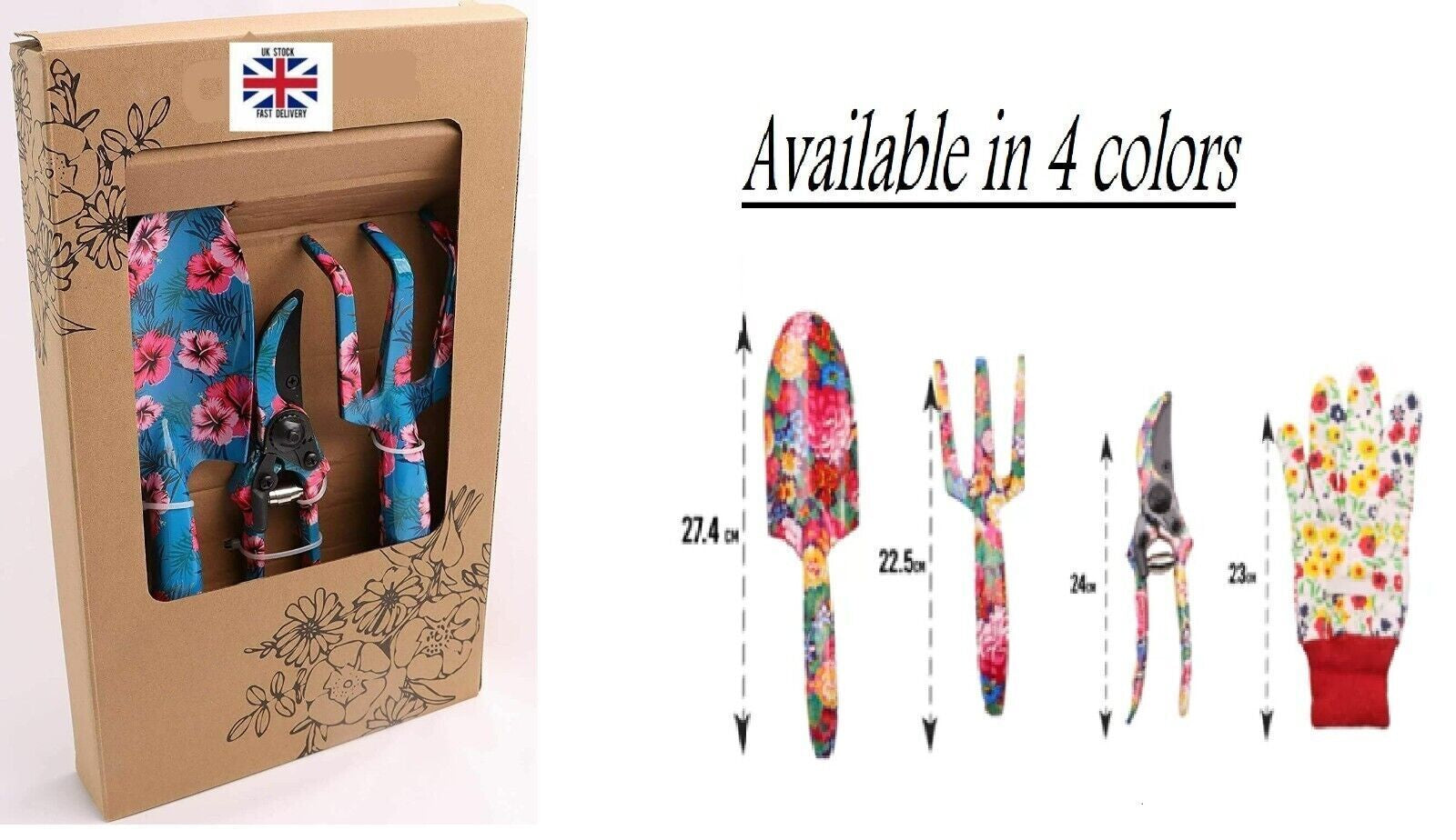 Garden Tool Set 4 Pcs with Multi Color ~Floral Print Comfortable Handle