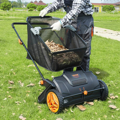 21-Inch Wide Leaf & Grass Collector Push Lawn Sweeper - Durable Thickened Steel Construction, Strong Rubber Wheels, 2 Spinning Brushes, 3.5 Cu. Ft. Large Capacity Mesh Collection Hopper Bag, Easy to Use and Store, Perfect for Lawn Care and Yard Main