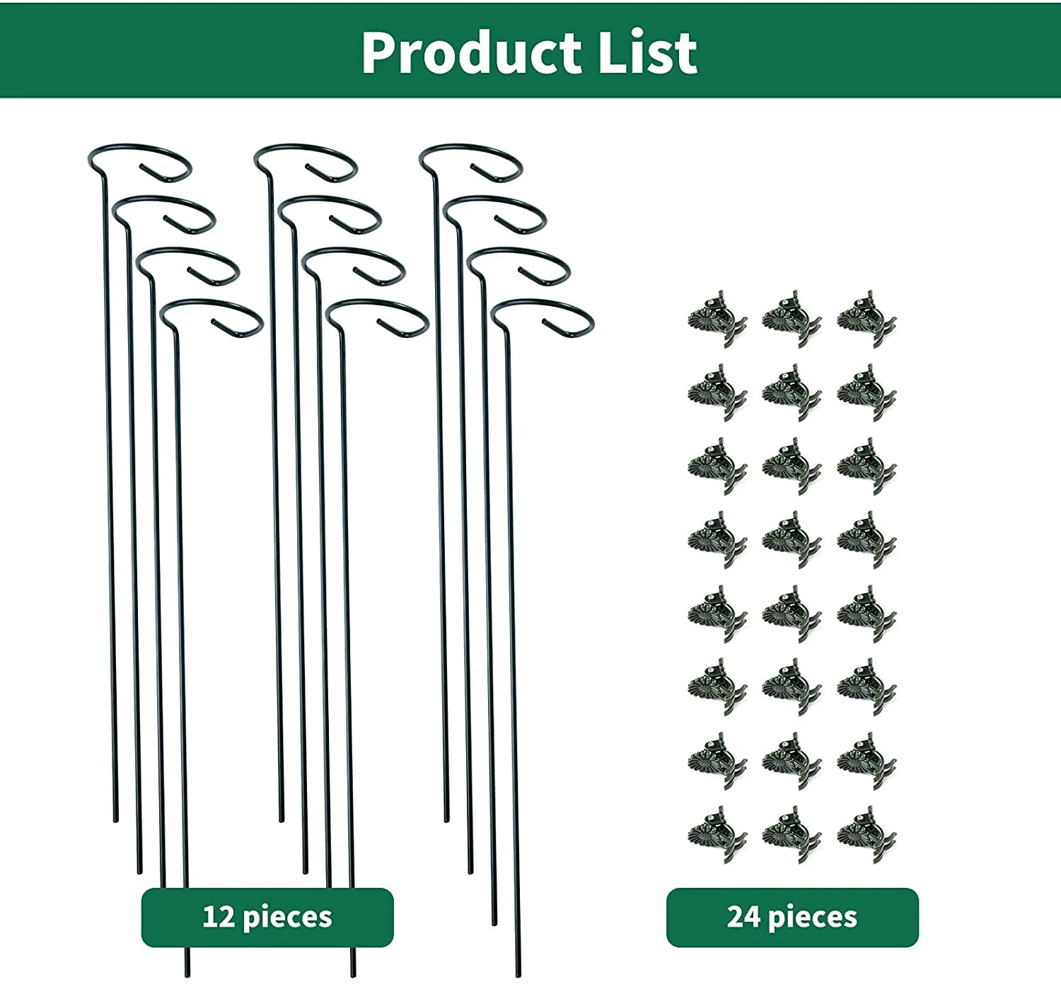 12 Pack Plant Stakes, 24 Inch Plant Support Stakes, with 24 Pcs Plant Clips, Green, for Garden