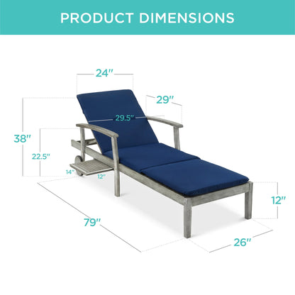 79X26In Acacia Wood Outdoor Chaise Lounge Chair W/ Adjustable Backrest, Table, Wheels - Gray/Navy