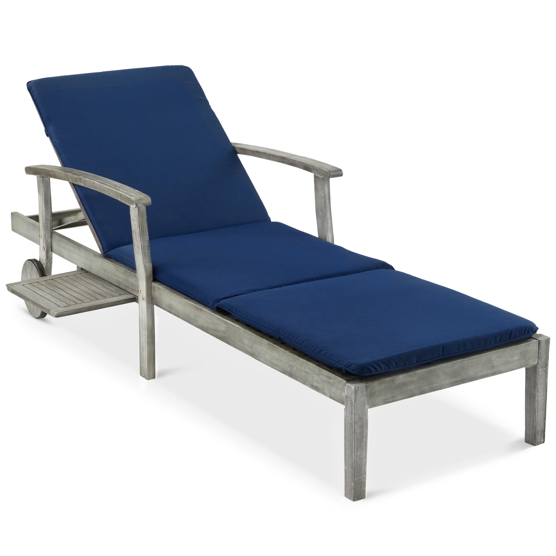 79X26In Acacia Wood Outdoor Chaise Lounge Chair W/ Adjustable Backrest, Table, Wheels - Gray/Navy