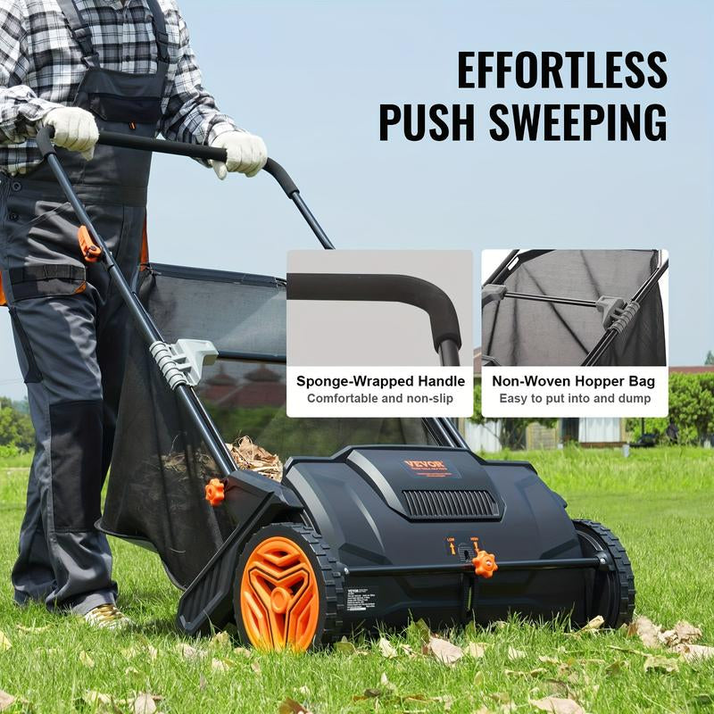 21-Inch Wide Leaf & Grass Collector Push Lawn Sweeper - Durable Thickened Steel Construction, Strong Rubber Wheels, 2 Spinning Brushes, 3.5 Cu. Ft. Large Capacity Mesh Collection Hopper Bag, Easy to Use and Store, Perfect for Lawn Care and Yard Main