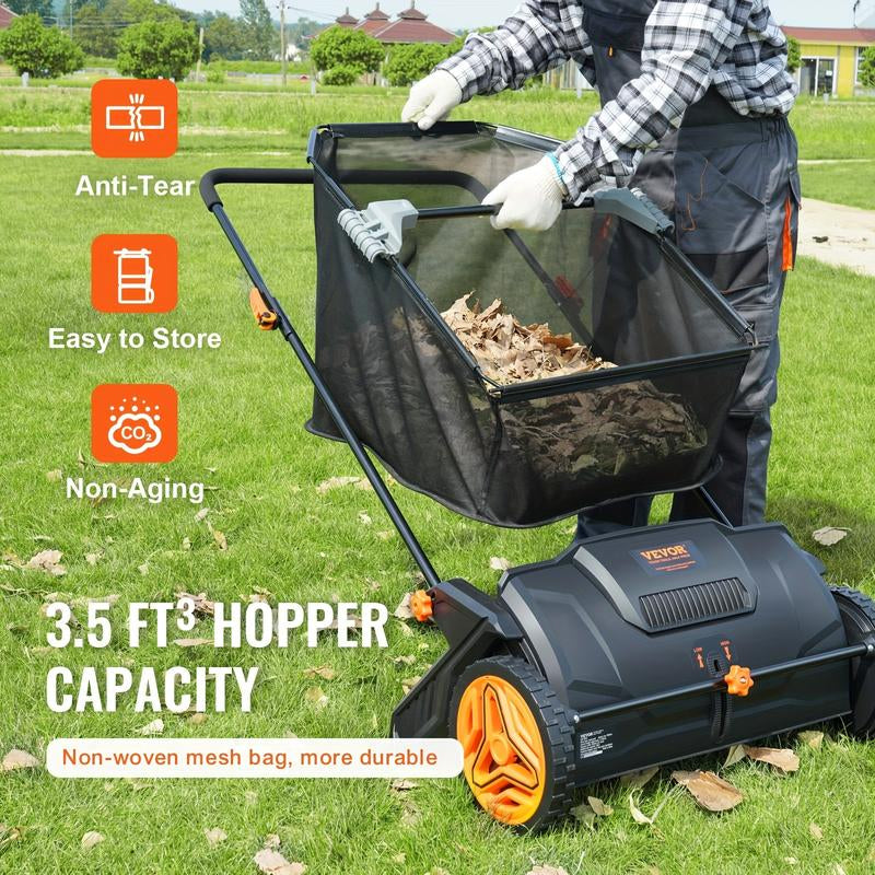 21-Inch Wide Leaf & Grass Collector Push Lawn Sweeper - Durable Thickened Steel Construction, Strong Rubber Wheels, 2 Spinning Brushes, 3.5 Cu. Ft. Large Capacity Mesh Collection Hopper Bag, Easy to Use and Store, Perfect for Lawn Care and Yard Main